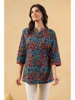 SAVI - Blue Floral Three Fourth Sleeves Tunic