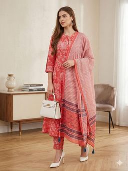 MAAND - Peach Floral Three Fourth Sleeves Kurta Pant & Dupatta