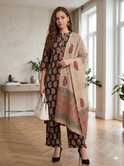 MAAND - Black Paisley Three Fourth Sleeves Kurta Pant & Dupatta