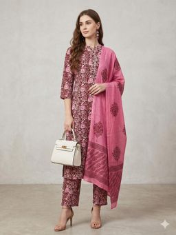 MAAND - Maroon Printed Three Fourth Sleeves Kurta Pant & Dupatta