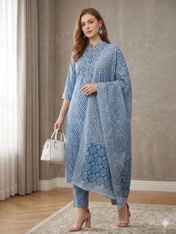 MAAND - Blue Printed Three Fourth Sleeves Kurta Pant & Dupatta