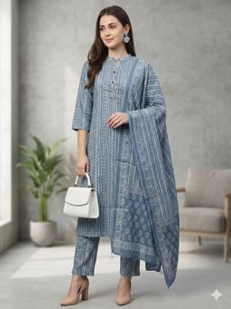 MAAND - Blue Printed Three Fourth Sleeves Kurta Pant & Dupatta