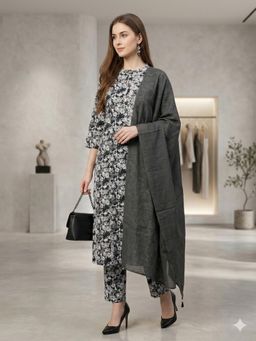 MAAND - Black Floral Three Fourth Sleeves Kurta Pant & Dupatta