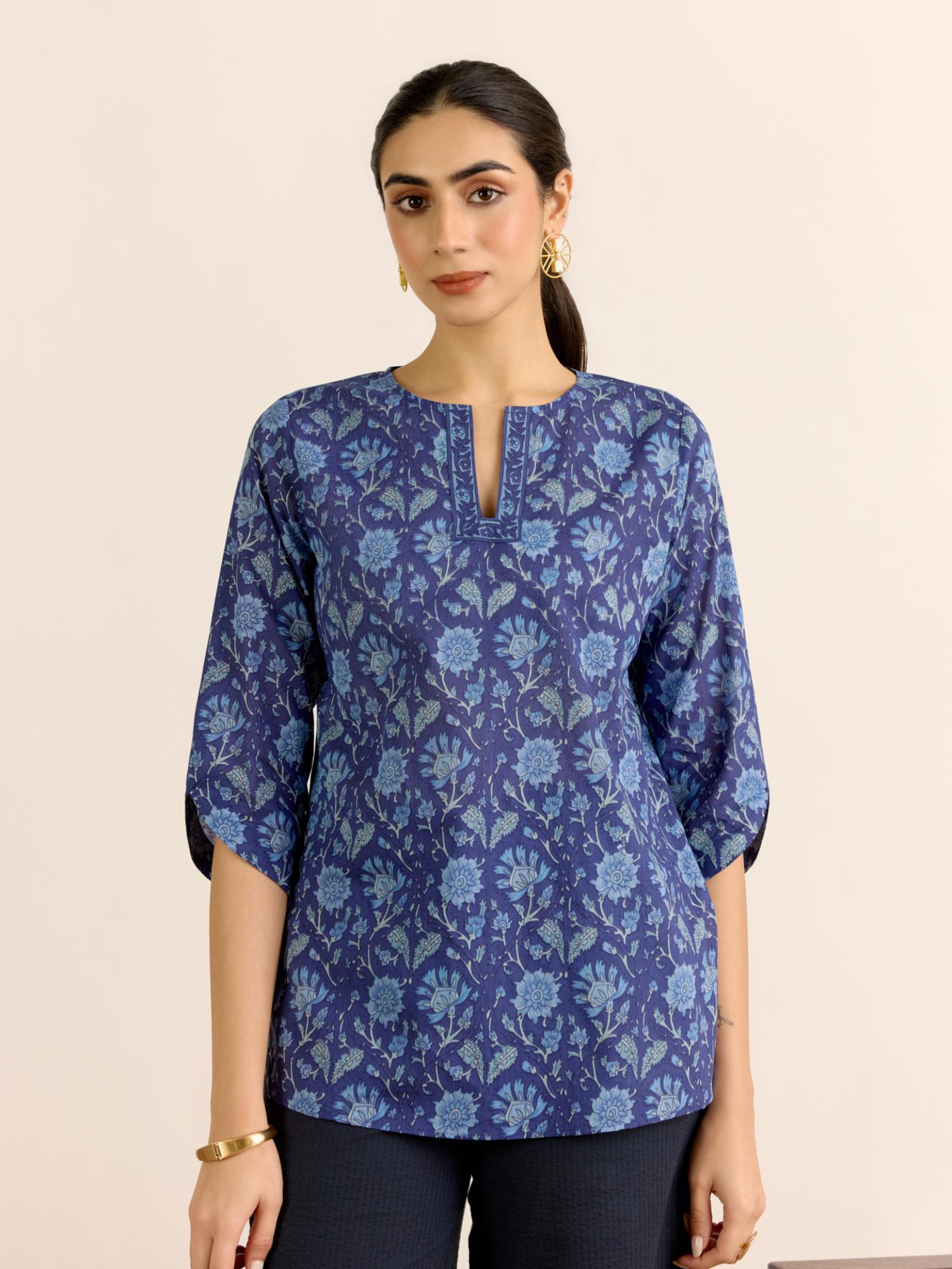 Blue Floral Three Fourth Sleeves Tunic-image-40