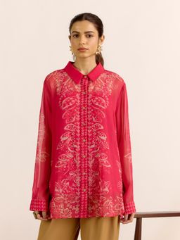 Aarke Ritu Kumar - Pink Floral Full Sleeves Shirt & Camisole