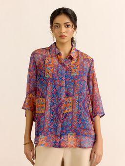 Aarke Ritu Kumar - Multi-Color Floral Three Fourth Sleeves Shirt & Camisole