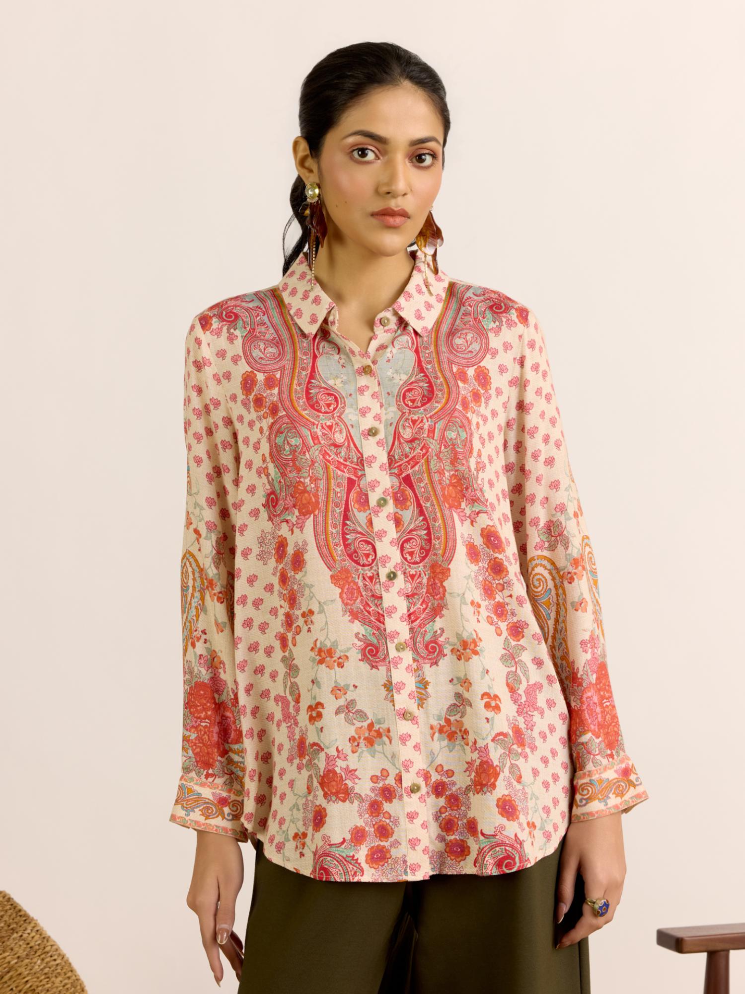 Cream Paisley Full Sleeves Shirt-image-1