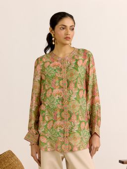 Aarke Ritu Kumar - Green Floral Full Sleeves Shirt & Camisole