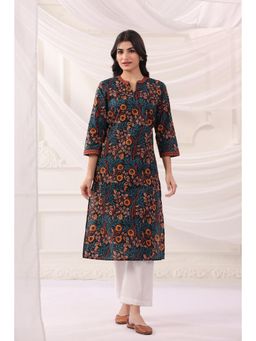 SAVI - Black Floral Three Fourth Sleeves Kurta