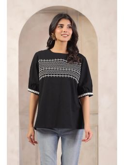 SAVI - Black Embroidered Half Sleeves Top