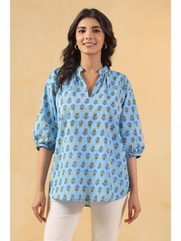SAVI - Blue Printed Three Fourth Sleeves Top