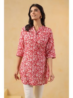 SAVI - Red Floral Three Fourth Sleeves Tunic