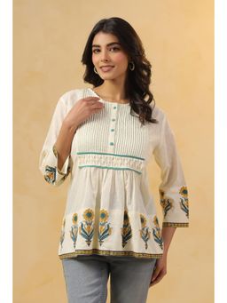 SAVI - Off White Floral Three Fourth Sleeves Top