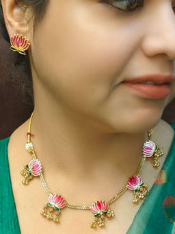 GRIIHAM - Pink Gold Plated Short Lotus with Drops Jewellery Set