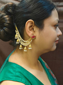 GRIIHAM - Gold Plated Coin Three Line Earchain with Jhumka and Pearl Drop