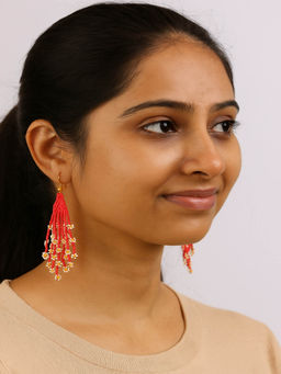 JEWELZ - Handmade Red Beaded Floral Tassel Drop Earrings