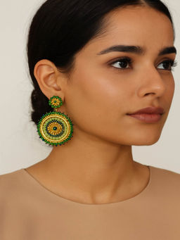 JEWELZ - Handmade Green and Gold Beaded Round Drop Earrings
