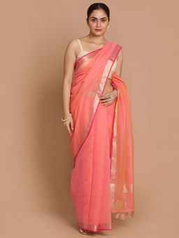 Indethnic - Banarasi Coral Solid Daily Wear Saree With Unstitched Blouse