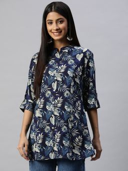 Divena - Navy Blue Floral Rayon A-Line Shirt Style Top