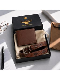 Celtic - Premium Brown Textured Leather Belt & Wallet Combo Gift Set