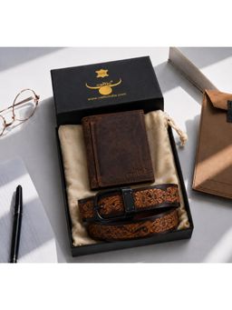 Celtic - Premium Brown Embossed Leather Belt & Wallet Combo Gift Set