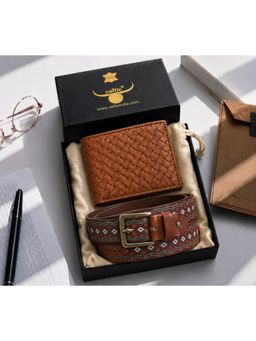 Celtic - Premium Printed Tan Leather Belt & Woven Wallet Combo Gift Set