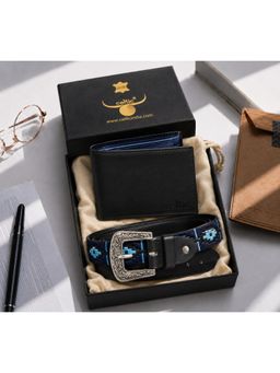 Celtic - Premium Black & Blue Designer Leather Belt & Wallet Combo Gift Set
