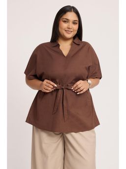Virgio - Brown Cotton Collared Plus Size Top with Tie Up