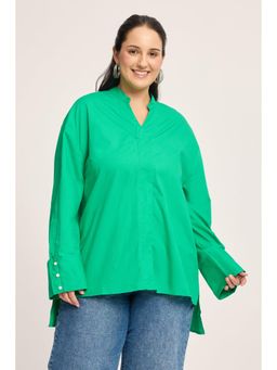 Virgio - Green Cotton Boxy Fit Mock Placket Plus Size Shirt