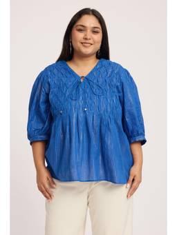 Virgio - Blue Cotton Contrast Stitch Plus Size Top