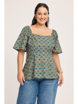 Virgio - Green Geometric Peplum Plus Size Top