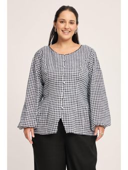 Virgio - White Checked Cotton Puff Sleeve Plus Size Top