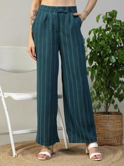 Oxolloxo - Women Teal Elasticated Poly Stripe Dobby Trousers