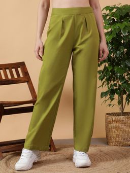 Oxolloxo - Women Solid Green Elasticated Cotton Linen Trousers