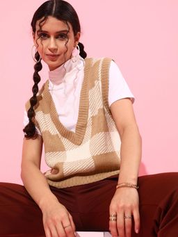 STREET 9 - Brown Checked Sleeveless Pullover Sweater