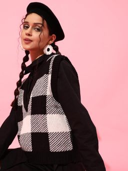 STREET 9 - Black Checked Sleeveless Pullover Sweater