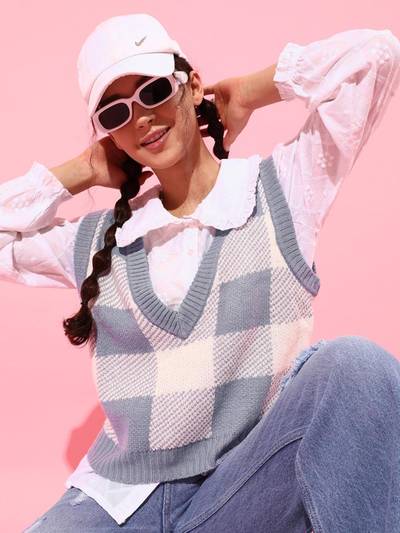 Blue Checked Sleeveless Pullover Sweater