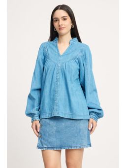 Virgio - Blue Cotton Gathered Yoke Boxy Denim Top