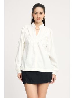Virgio - White Solid Cotton Gathered Yoke Boxy Top