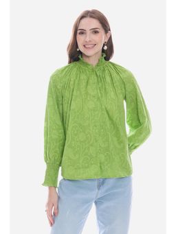 Virgio - Green Cotton Smocked High Neck Top