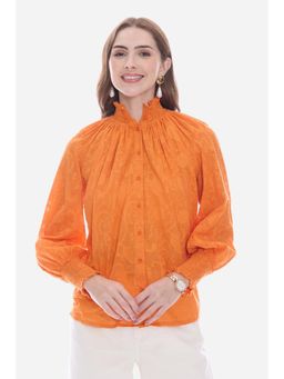 Virgio - Orange Cotton Smocked High Neck Top