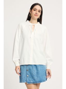 Virgio - White Solid Cotton Mandarin Collar Top