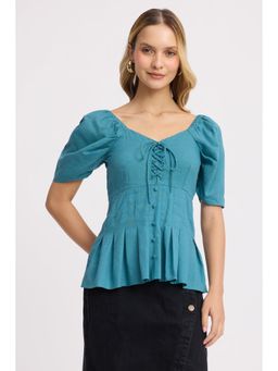 Virgio - Teal Cotton Sweetheart Tie-Up Peplum Top