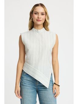 Virgio - White Cotton High Neck Striped Top