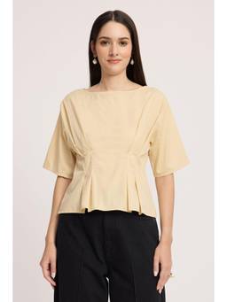 Virgio - Beige Cotton Cinched Waist Top