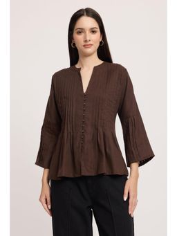 Virgio - Brown Solid Linen Pin Tuck Relaxed Top