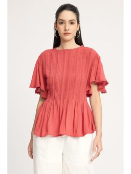 Virgio - Orange Cotton Lace Panel Peplum Top