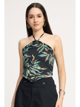 Virgio - Black Printed Viscose Halter Neck Asymmetric Top