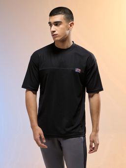 Technosport - Men Black Solid Relaxed Fit Round Neck Sports T-Shirt with Matpiq