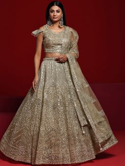 Libas Art - Embroidered Nylon Beige Lehenga with Blouse and Dupatta